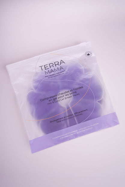 TerraMama hot and cold breast gel packs designed to relieve engorgement and postpartum breast discomfort.
Compresses chaudes et froides pour les seins TerraMama conçues pour soulager l’engorgement et l’inconfort post-partum