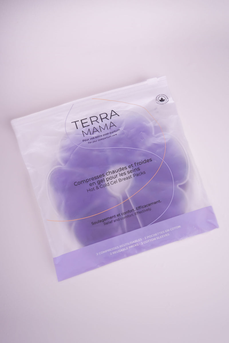 TerraMama hot and cold breast gel packs designed to relieve engorgement and postpartum breast discomfort.
Compresses chaudes et froides pour les seins TerraMama conçues pour soulager l’engorgement et l’inconfort post-partum