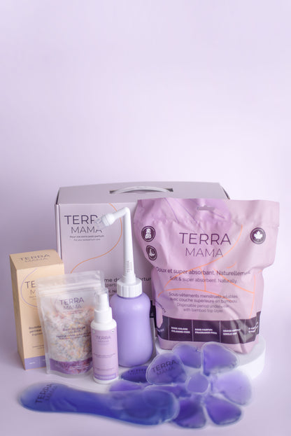 Kit post-partum TerraMama conçu pour le confort et la récupération des nouvelles mamans.

TerraMama postpartum kit designed to support comfort and recovery for new moms