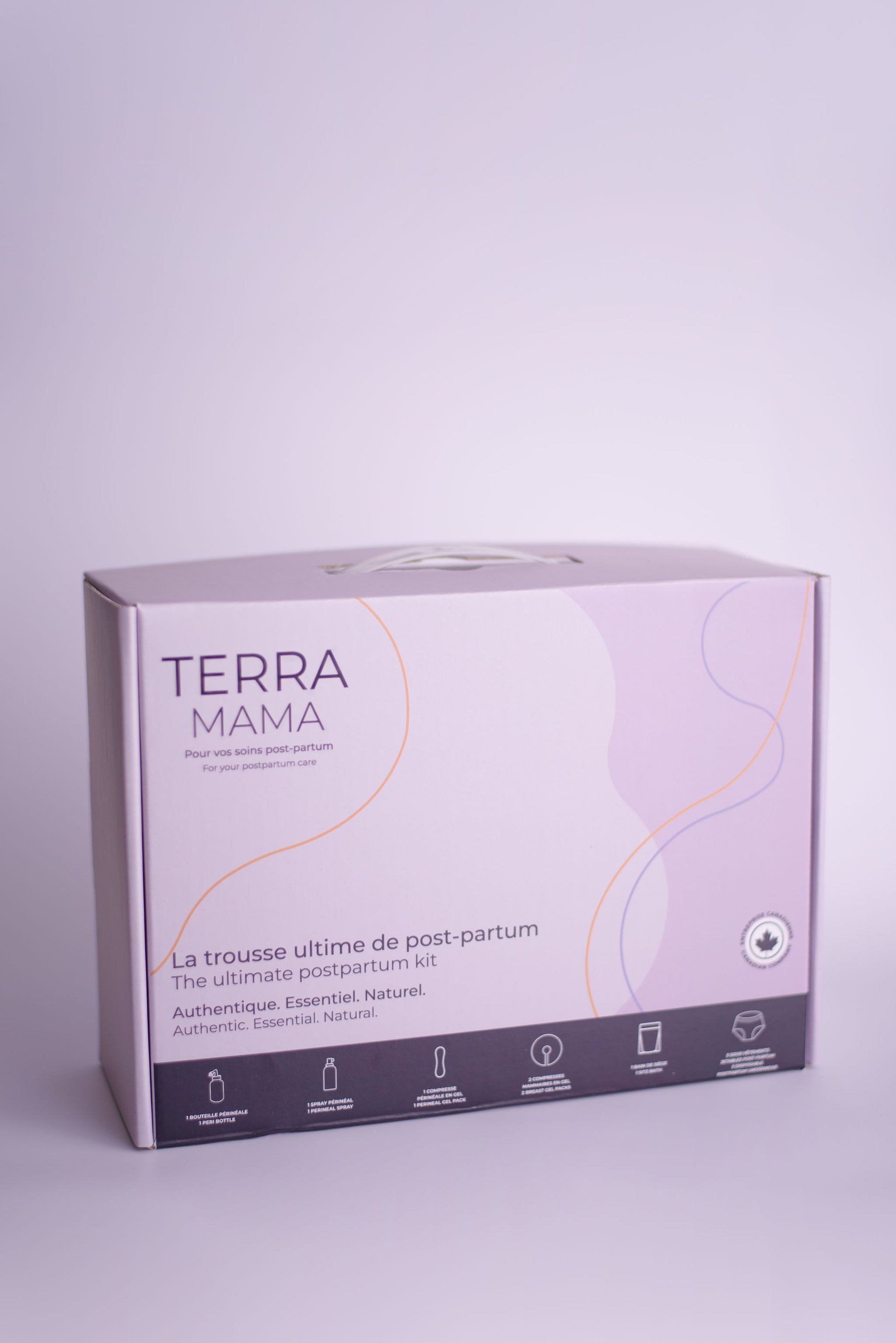 TerraMama ultimate postpartum care kit with natural essentials for recovery after childbirth.
Kit de soins post-partum TerraMama avec essentiels naturels pour la récupération après l’accouchement