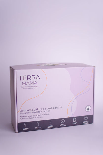 TerraMama ultimate postpartum care kit with natural essentials for recovery after childbirth.
Kit de soins post-partum TerraMama avec essentiels naturels pour la récupération après l’accouchement